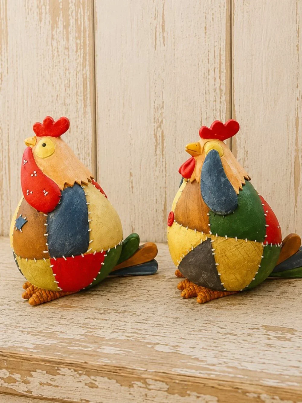 Set of 2 Vintage Roseluo Style Patchwork Primitive Rooster Collectible Figurines